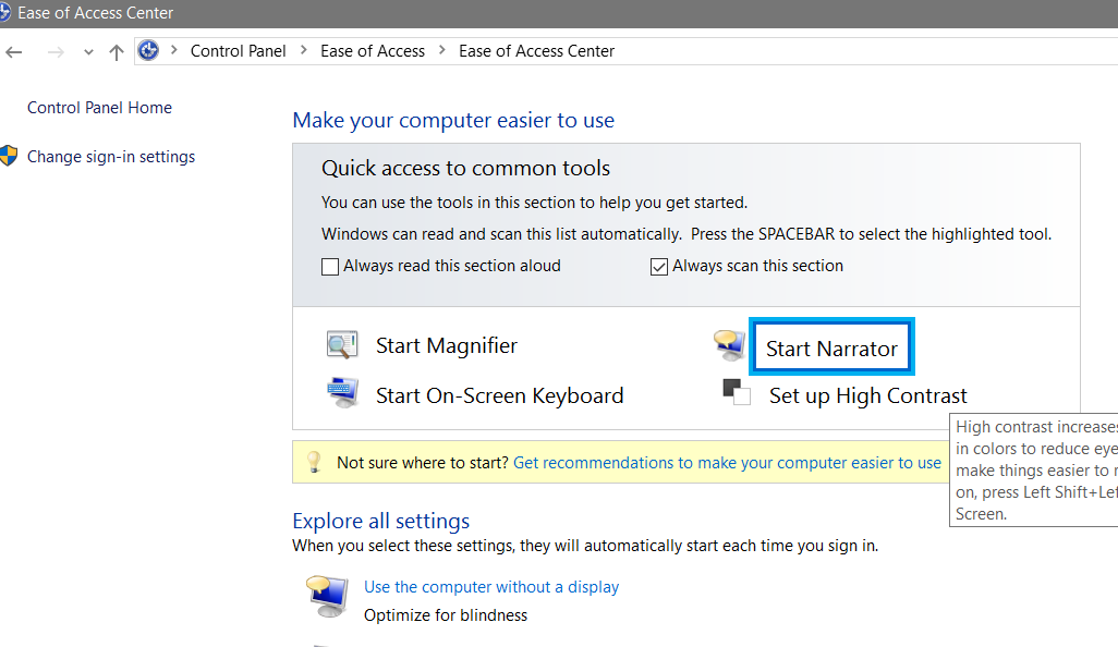 Ease Of Access Center Windows 7, 8 & 10